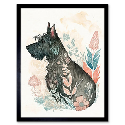 Artery8 Framed Wall Art Scottish Terrier Dog In Flower Field Bright Modern Multicoloured Watercolour12X16 Inch from B&Q