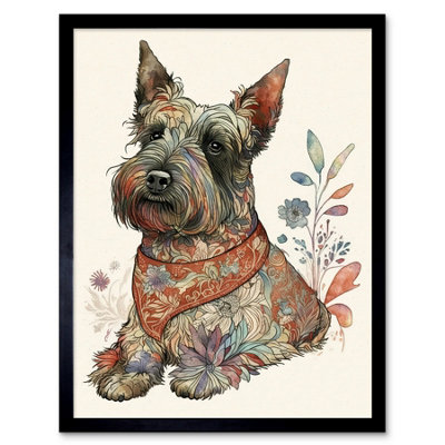 Artery8 Framed Wall Art Scottish Terrier Dog With Flower Pattern Fur Coat Modern Watercolour12X16 Inch from B&Q