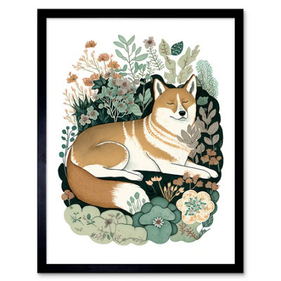 B&Q -  Framed Wall Art Shiba Inu Dog Lying In Flower Field Modern Stylised12X16 Inch