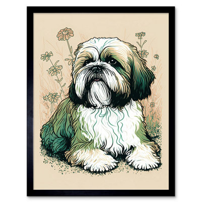 Artery8 Framed Wall Art Shih Tzu Dog With Daisies Modern Multicoloured Linocut12X16 Inch from B&Q