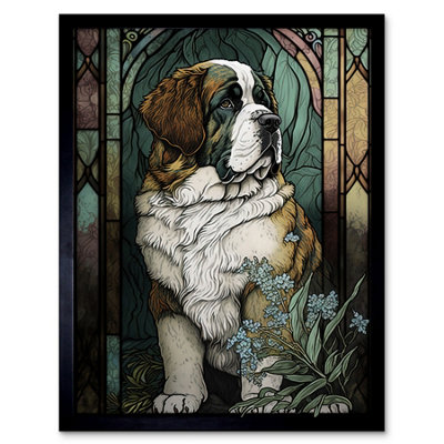 Artery8 Framed Wall Art St Bernard Dog With Silvery Lupine Flowers Modern Art Nouveau12X16 Inch from B&Q
