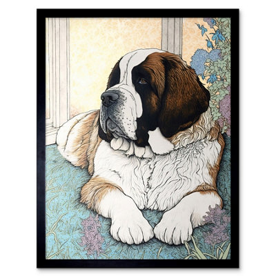 Artery8 Framed Wall Art St Bernard Dog Lying By Flower Pot Modern Bright Multicoloured12X16 Inch from B&Q