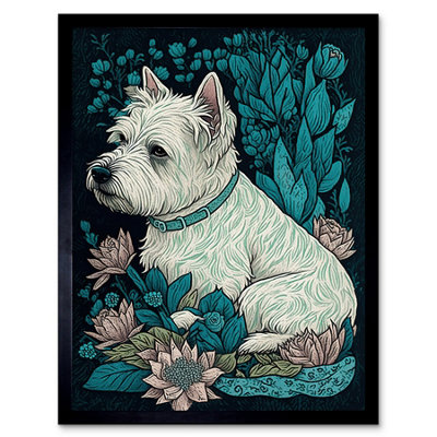 Artery8 Framed Wall Art West Highland White Terrier Sitting In Flower Field Modern Dark12X16 Inch from B&Q
