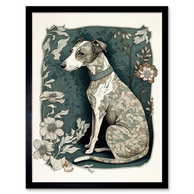 Artery8 Framed Wall Art Whippet Dog With Floral Pattern Fur Coat Art Nouveau Inspired Watercolour12X16 Inch from B&Q