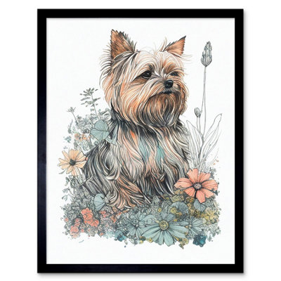 B&Q -  Framed Wall Art Yorkshire Terrier Dog In Wildflowers Bright Watercolour12X16 Inch