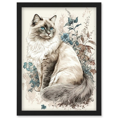 Artery8 Blue Point Ragdoll Cat With Flowers Watercolour Illustration Wall Art PrintA4 Size from B&Q