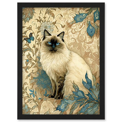 Artery8 Blue Point Ragdoll Cat With Teal Plants Art Nouveau Watercolour Illustration Wall Art PrintA4 Size from B&Q