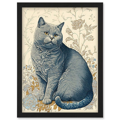 Artery8 William Morris Inspired Cat Portrait With Flowers Modern Illustration Wall Art PrintA4 Size from B&Q