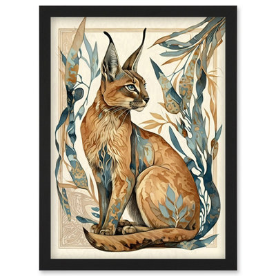 Artery8 Caracal Cat With Teal Plants Modern Art Nouveau Watercolour Illustration Wall Art PrintA4 Size from B&Q