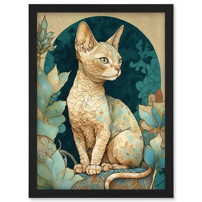 B&Q -  Devon Rex Cat With Pattern Fur Art Nouveau Modern Illustration Wall Art PrintA4 Size