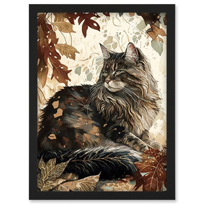 Artery8 Maine Cat In Autumn Leaves Modern Watercolour Ink Illustration Wall Art PrintA4 Size from B&Q