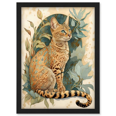 Artery8 Ocicat Cat With Teal Rosette Pattern Fur And Leafy Plants Watercolour Illustration Wall Art PrintA4 Size from B&Q