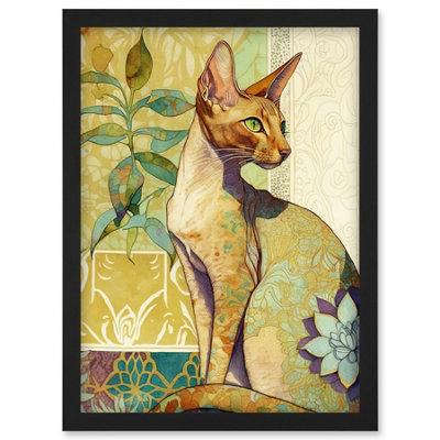 Artery8 Shorthair Cat With Art Nouveau Botanical Patterns Colourful Watercolour Illustration Wall Art PrintA4 Size from B&Q