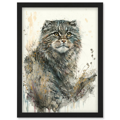 Artery8 Manul Pallas Cat Portrait In Wildflowers Watercolour Illustration Wall Art PrintA4 Size from B&Q