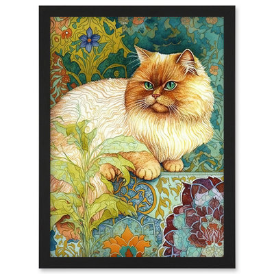 Artery8 Orange Persian Cat William Morris Inspired Floral Pattern Colourful Modern Illustration Wall Art PrintA4 Size