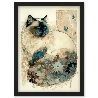 Artery8 Ragdoll Cat With Floral Pattern Tail Modern Watercolour Illustration Wall Art PrintA4 Size from B&Q