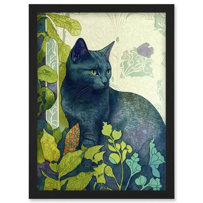 Artery8 Russian Blue Cat With Bright Ornate Plants Modern Art Nouveau Illustration Wall Art PrintA4 Size from B&Q