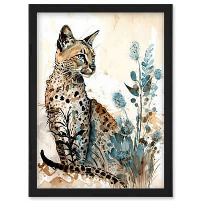 B&Q -  Savannah Cat And Wildflowers Modern Watercolour And Ink Illustration Wall Art PrintA4 Size