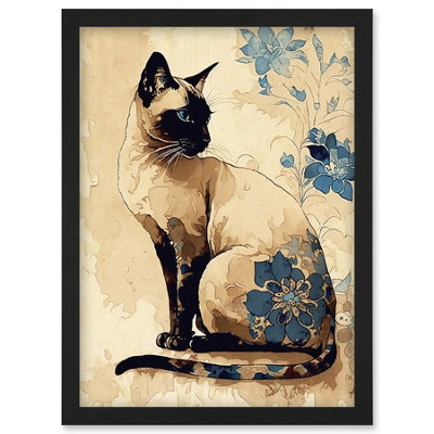 Artery8 Siamese Cat With Blue Flowers Watercolour And Ink Modern Illustration Wall Art PrintA4 Size from B&Q