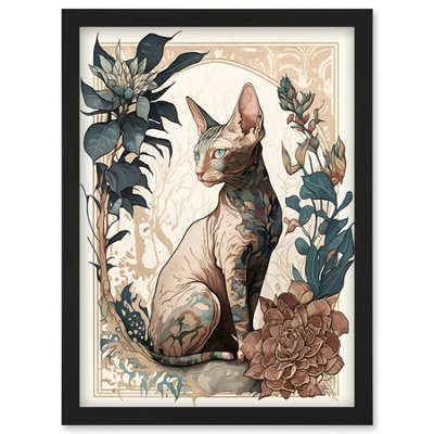 Artery8 Sphynx Cat With Flower Blooms Modern Art Nouveau Portrait Illustration Wall Art PrintA4 Size from B&Q
