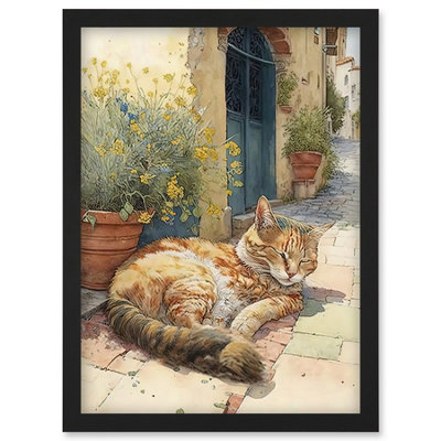 B&Q -  Cat Sunbathing In Mediterranean Village Street Watercolour Illustration Wall Art PrintA4 Size