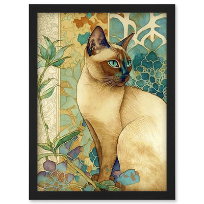 Artery8 Tonkinese Cat With Art Nouveau Botanical Patterns Colourful Watercolour Illustration Wall Art PrintA4 Size from B&Q