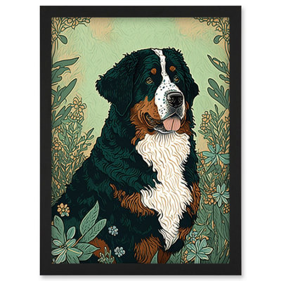 B&Q -  Bernese Mountain Dog In Wildflower Field Modern Illustration Wall Art PrintA4 Size