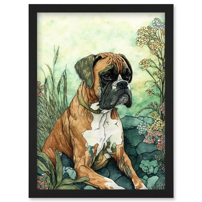 Artery8 Boxer Dog In Flower Field Colourful Watercolour Illustration Wall Art PrintA4 Size from B&Q