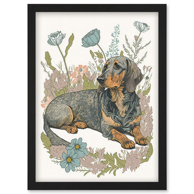 Artery8 Dachshund Dog Lying In Flower Field Pastel Watercolour Illustration Wall Art PrintA4 Size from B&Q