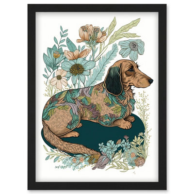 Artery8 Multicoloured Fur Dachshund Dog With Spring Flowers Modern Watercolour Illustration Wall Art PrintA4 Size from B&Q