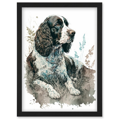 Artery8 English Springer Spaniel Dog Lying In Field Modern Watercolour Illustration Wall Art PrintA4 Size from B&Q