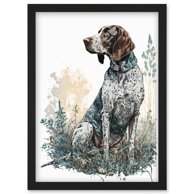 Artery8 German Pointer Dog Sitting In Field Modern Detailed Illustration Wall Art PrintA4 Size from B&Q