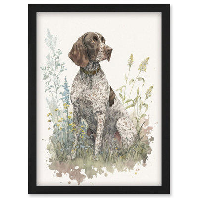 Artery8 German Pointer Dog Sitting In Field Modern Detailed Pastel Watercolour Illustration Wall Art PrintA4 Size from B&Q