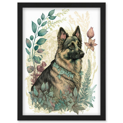 Artery8 German Shepherd Dog With A Leaf Collar Spring Field Boho Pastel Watercolour Illustration Wall Art PrintA4 Size from B&Q