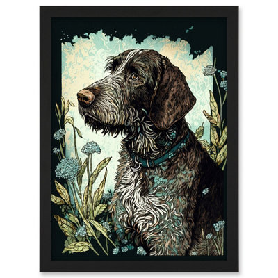 Artery8 German Wirehead Pointer Dog And Blue Wildflowers Modern Portrait Illustration Wall Art PrintA4 Size from B&Q