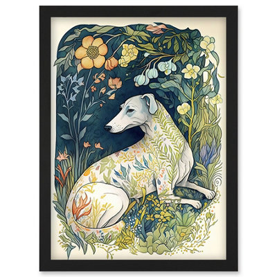 B&Q -  White Greyhound Dog With Floral Pattern Fur Coat Lying In Flower Field Modern Illustration Wall Art PrintA4 Size