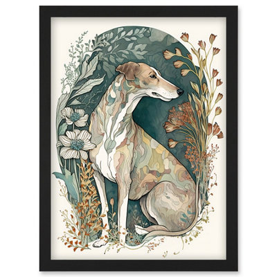B&Q -  Greyhound Dog In Flower Field Modern Pastel Boho Watercolour Illustration Wall Art PrintA4 Size