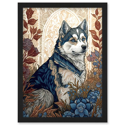 Artery8 Siberian Husky Dog In Autumn Flower Field Modern Art Nouveau Illustration Wall Art PrintA4 Size from B&Q