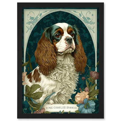 Artery8 King Charles Spaniel Dog With Flower Blooms Modern Art Nouveau Illustration Wall Art PrintA4 Size from B&Q