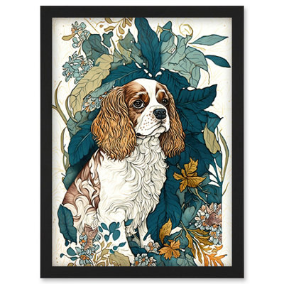 B&Q -  King Charles Spaniel Dog In Leafy Plants Modern Illustration Wall Art PrintA4 Size