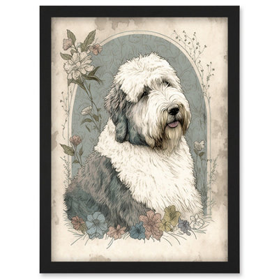 Artery8 English Sheepdog With Flower Blooms Boho Portrait Watercolour Illustration Wall Art PrintA4 Size from B&Q