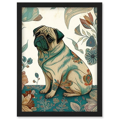 Artery8 Pug Dog With Floral Patterns Vintage Inspired Multicoloured Linocut Illustration Wall Art PrintA4 Size from B&Q