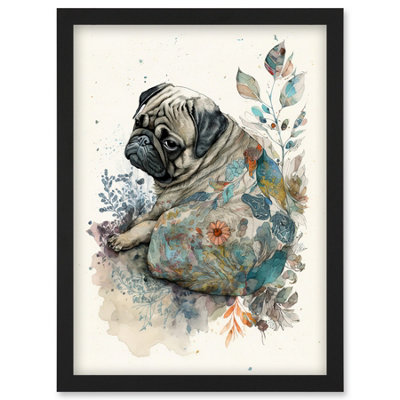 Artery8 Pug Dog With Floral Pattern Modern Multicoloured Watercolour Illustration Wall Art PrintA4 Size from B&Q