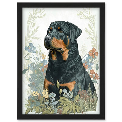 Artery8 Rottweiler Dog Sitting In Flower Field Modern Watercolour Illustration Wall Art PrintA4 Size from B&Q