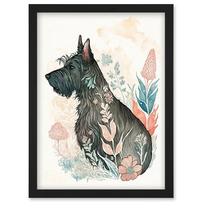 B&Q -  Scottish Terrier Dog In Flower Field Bright Modern Multicoloured Watercolour Illustration Wall Art PrintA4 Size