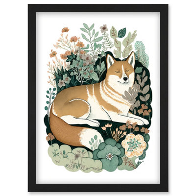 B&Q -  Shiba Inu Dog Lying In Flower Field Modern Stylised Illustration Wall Art PrintA4 Size