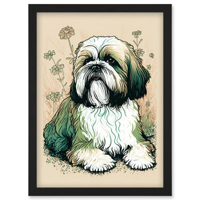 Artery8 Shih Tzu Dog With Daisies Modern Multicoloured Linocut Illustration Wall Art PrintA4 Size from B&Q