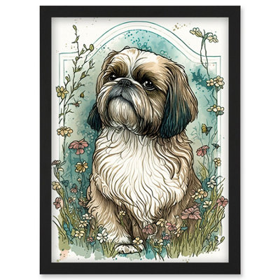 Artery8 Shih Tzu Dog With Wildflowers Modern Art Nouveau Inspired Illustration Wall Art PrintA4 Size from B&Q