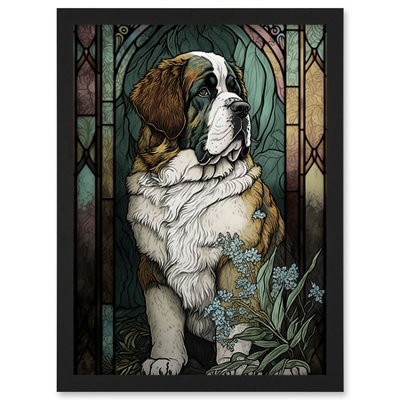 Artery8 St Bernard Dog With Silvery Lupine Flowers Modern Art Nouveau Illustration Wall Art PrintA4 Size from B&Q