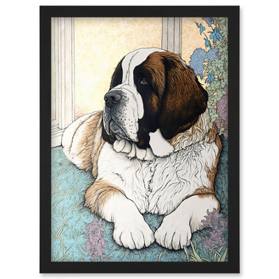 B&Q -  St Bernard Dog Lying By Flower Pot Modern Bright Multicoloured Illustration Wall Art PrintA4 Size